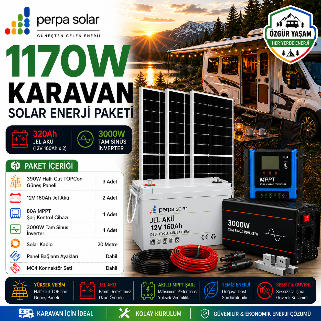 17dbbce5-4f07-448a-99c7-1ec6eba9fac2 1170W Karavan Solar Enerji Paketi - 320Ah Jel Akü - 3000W Tam Sinüs İnverter - Görsel 1