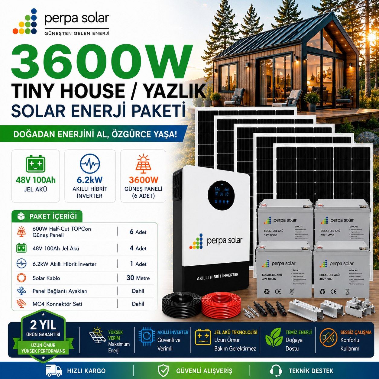 33bc9a67-b063-496f-b6f6-1ec2fab816fd 3600W Tiny House / Yazlık Solar Enerji Paketi - 48v 100Ah Jel Akü - 6.2Kw Akıllı Hibrit İnverter - Görsel 1