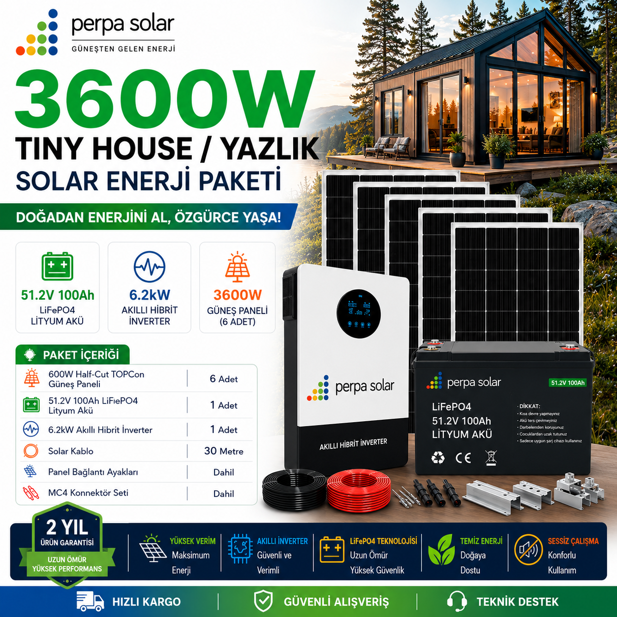 3cf1453b-77a7-4aed-9788-e41c8350efe4 lifepo4 3600W Tiny House / Yazlık Solar Enerji Paketi - 51v 100Ah LifePO4 Akü - 6.2Kw Akıllı Hibrit İnverter - Görsel 1