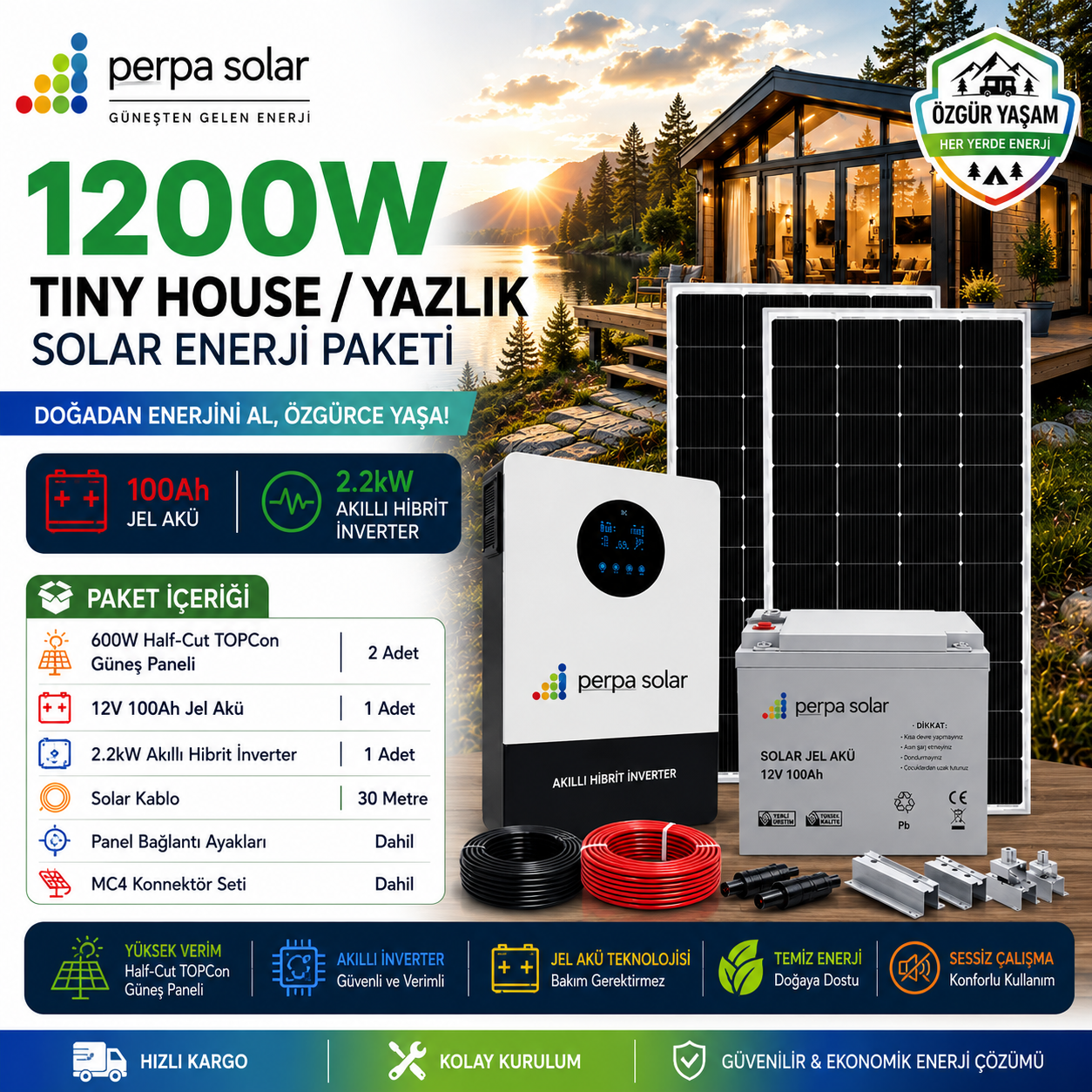 6e284f70-d137-47ae-9882-5d3fcd91c8a4 1200W Tiny House / Yazlık Solar Enerji Paketi - 100Ah Jel Akü - 2.2Kw Akıllı Hibrit İnverter - Görsel 1
