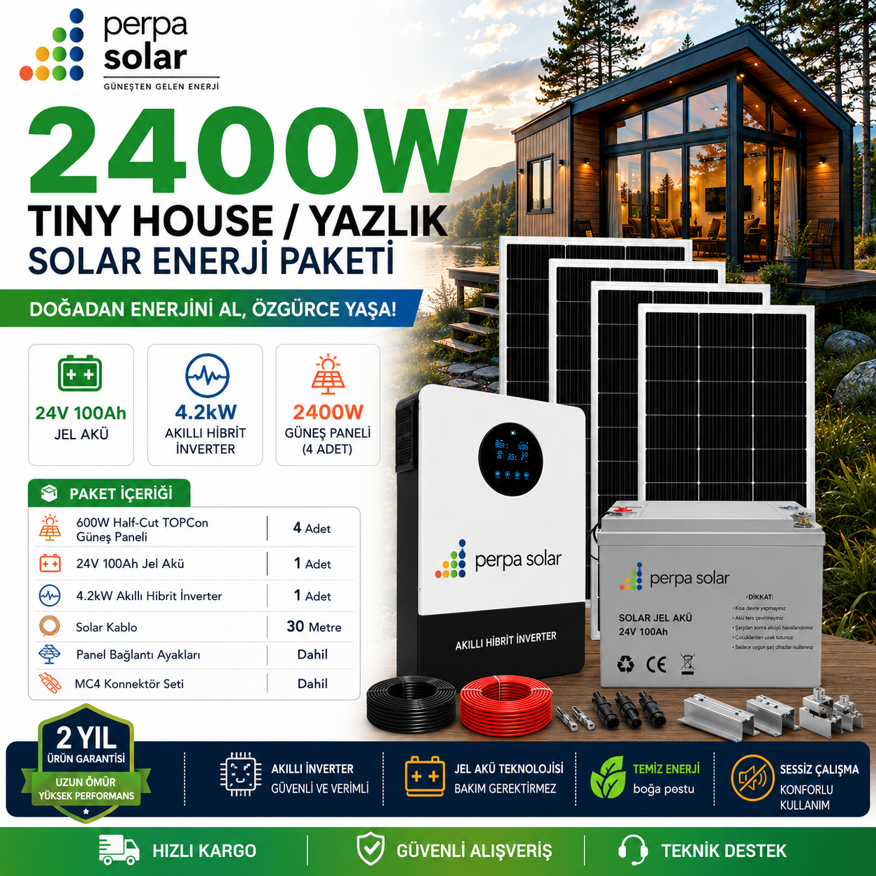 8bcc9276-2fed-48d0-80bd-bb228523994e 2400W Tiny House / Yazlık Solar Enerji Paketi - 24v 100Ah Jel Akü - 4.2Kw Akıllı Hibrit İnverter - Görsel 1