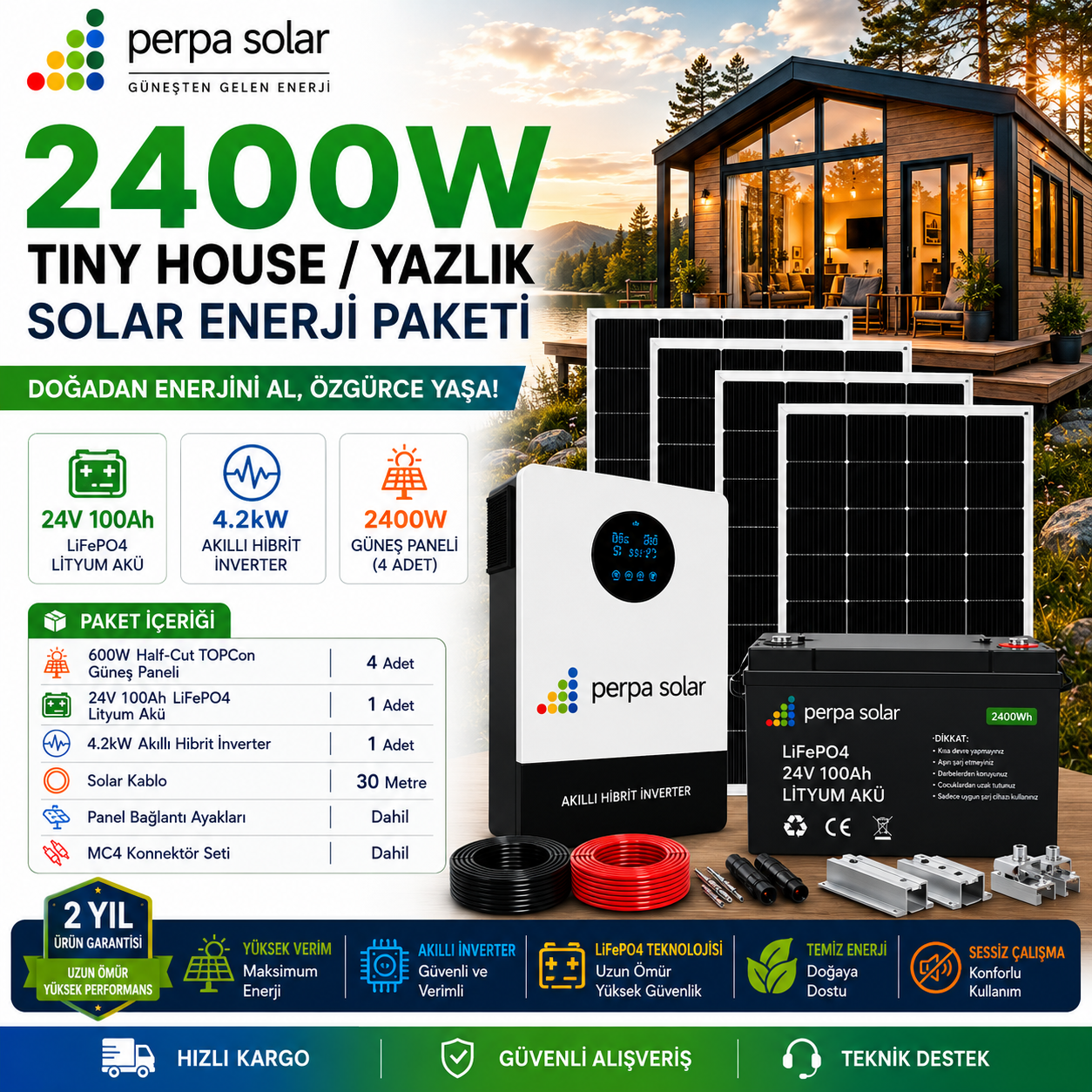 adcc7cd8-5d03-4709-83e3-943a5e30cb84 lifepo4 2400W Tiny House / Yazlık Solar Enerji Paketi - 24v 100Ah LifePO4 Akü - 4.2Kw Akıllı Hibrit İnverter - Görsel 1