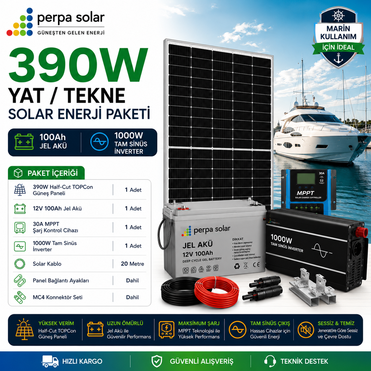 bf9fec50-6440-49c6-a249-d6161c8600eb 390W Yat / Tekne Solar Enerji Paketi - 100Ah Jel Akü - 1000W Tam Sinüs İnverter - Görsel 1