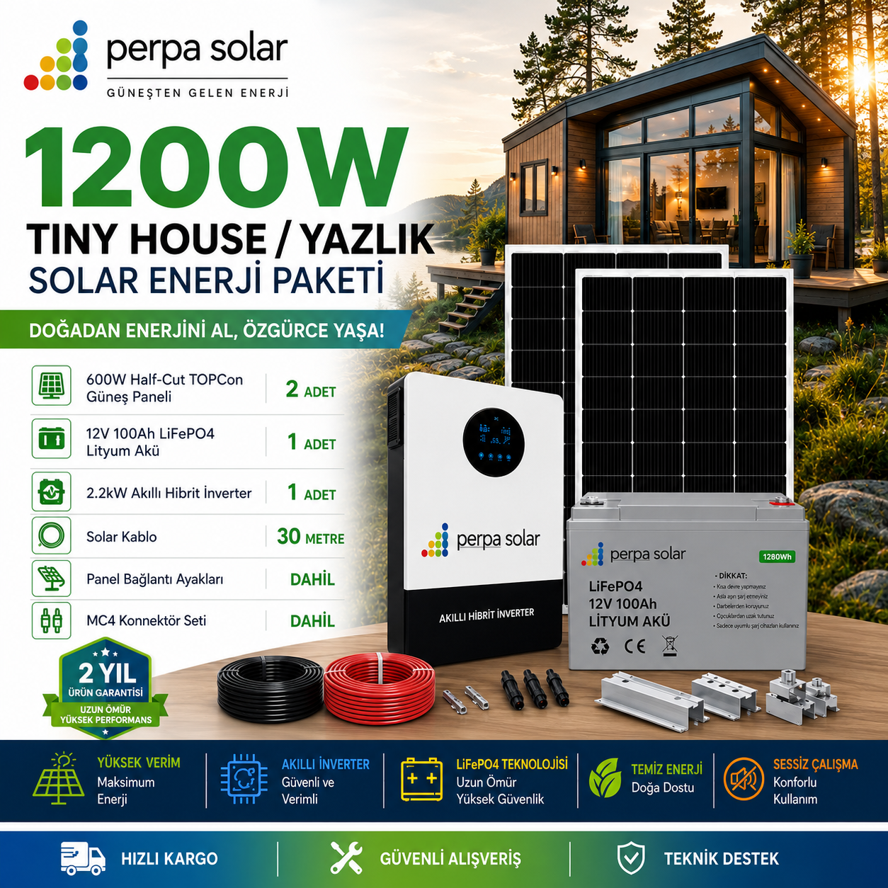 ce141821-2cc3-45a3-881f-78a4d6fec6ca 1200W Tiny House / Yazlık Solar Enerji Paketi - 100Ah LifePO4 Akü - 2.2Kw Akıllı Hibrit İnverter - Görsel 1