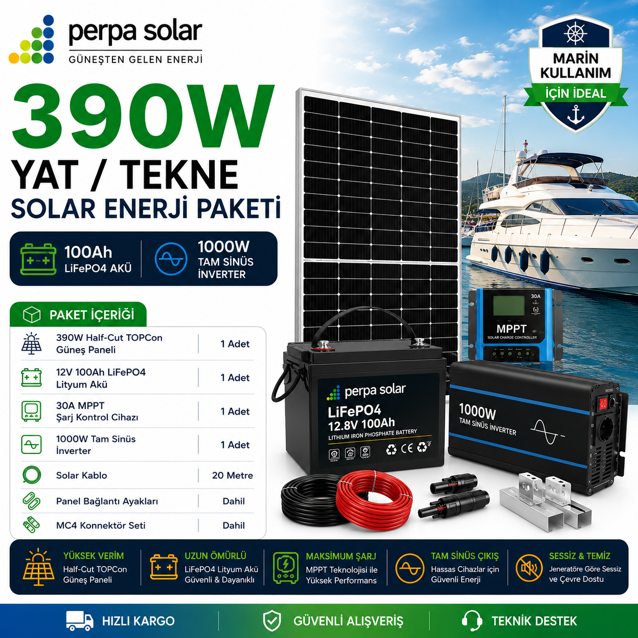d7cf917d-b5ad-47f8-8deb-47caa0fb3f3b 390W Yat / Tekne Solar Enerji Paketi - 100Ah LifePO4 Akü - 1000W Tam Sinüs İnverter - Görsel 1