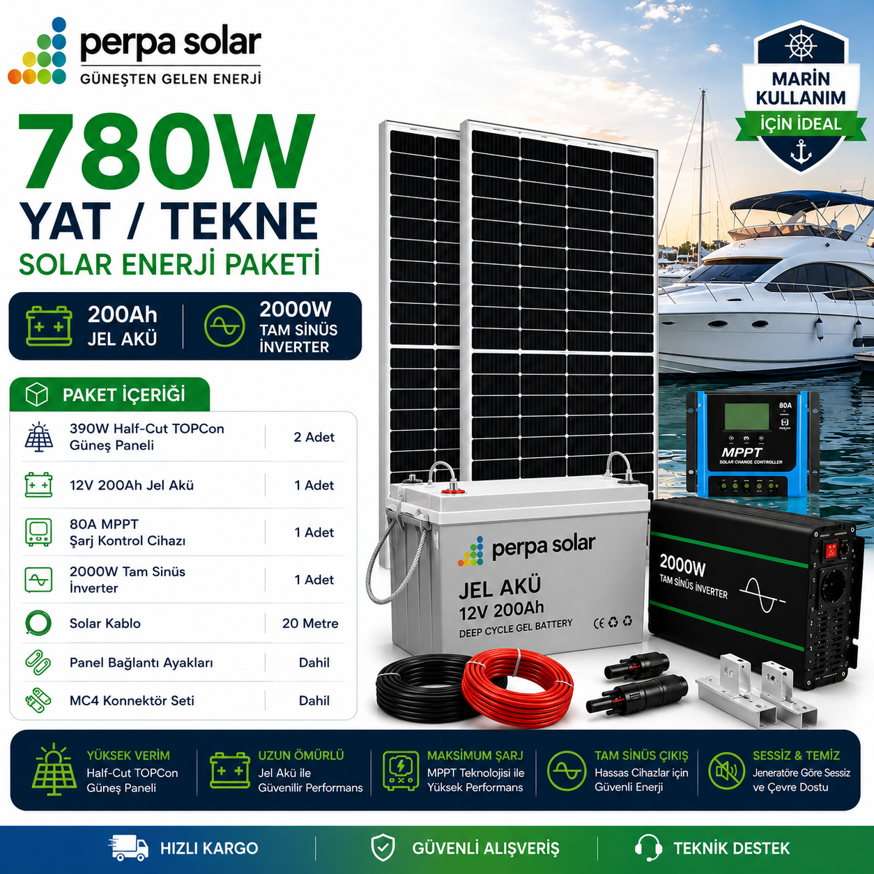 df12d658-1870-4042-a2b3-a17d3decafcc jel akü 780W Yat / Tekne Solar Enerji Paketi - 200Ah Jel Akü - 2000W Tam Sinüs İnverter - Görsel 1